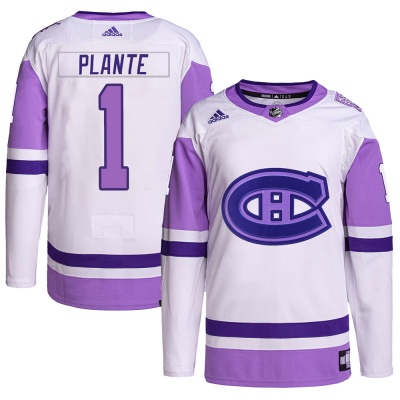 Men's Jacques Plante Montreal Canadiens Adidas Hockey Fights Cancer Primegreen Jersey - Authentic White/Purple