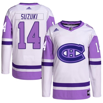 Men's Nick Suzuki Montreal Canadiens Adidas Hockey Fights Cancer Primegreen Jersey - Authentic White/Purple