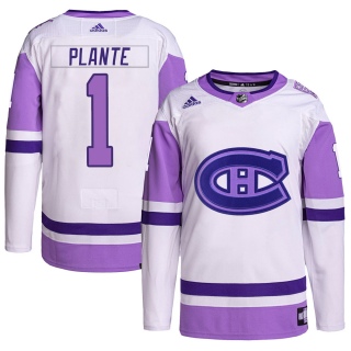 Youth Jacques Plante Montreal Canadiens Adidas Hockey Fights Cancer Primegreen Jersey - Authentic White/Purple