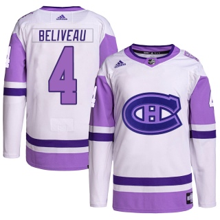 Youth Jean Beliveau Montreal Canadiens Adidas Hockey Fights Cancer Primegreen Jersey - Authentic White/Purple